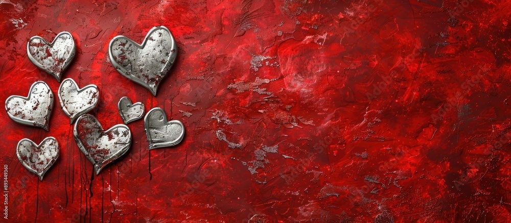 Aufkleber silver hearts emerging against a vibrant red textured backdrop with plentiful copy space image avail