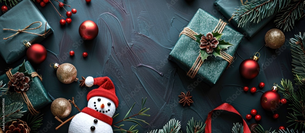 Poster top down view of a holiday present background for christmas and new year with a snowman fir branches