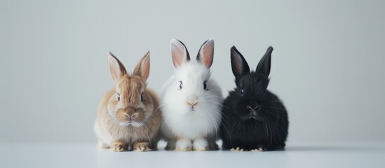 Fototapeta premium Three adorable fluffy rabbits brown white and black on a white background creating a charming scene with copy space image