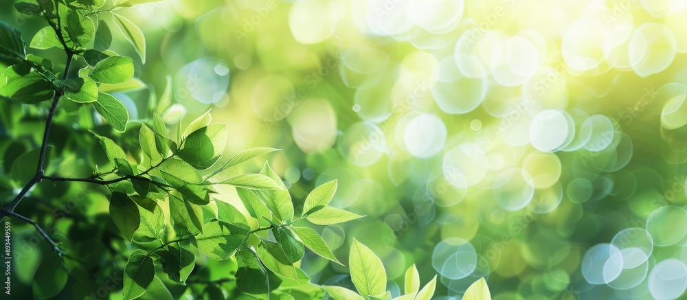 Wall mural blurry green leaves background with bokeh effect providing a clear copy space image