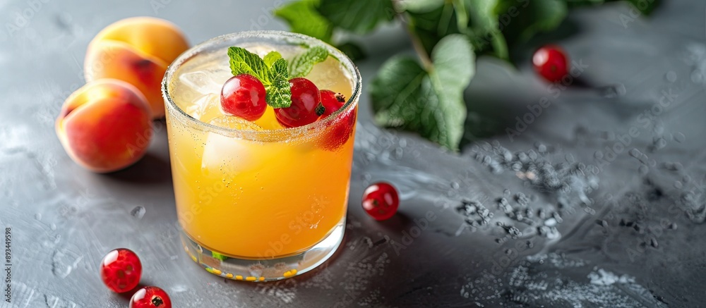 Aufkleber gray loft background with a refreshing drink made of gooseberry and peach juice copy space image ava