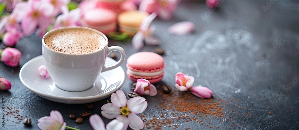 Poster Selective focus highlights a delightful scene of freshly brewed coffee and macarons adorned with primrose flowers in a shallow depth of field in a copy space image