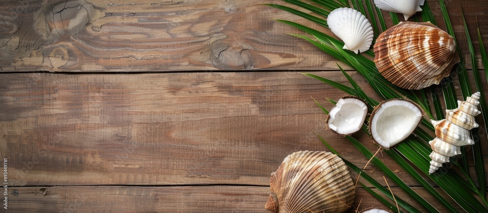 Aufkleber A top view photo of a coconut leaf and seashell on a wooden background representing a summer concept with space for adding your product in the image. with copy space image