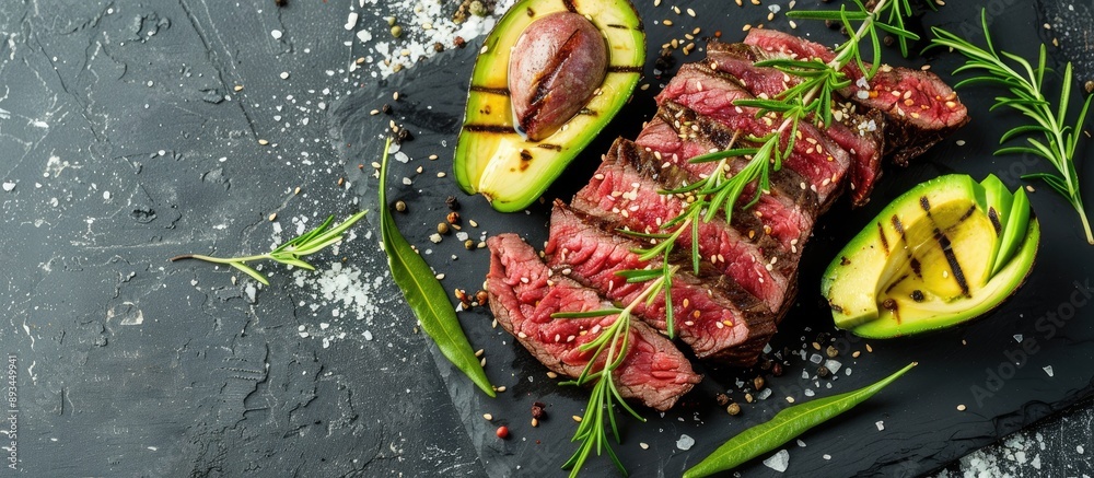Leinwandbilder healthy diet food featuring sliced beef and avocado topped with grated cheese displayed in a temptin