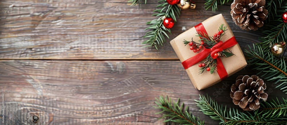 Poster Festive Xmas fir branch and gift box with room for your message on a copy space image