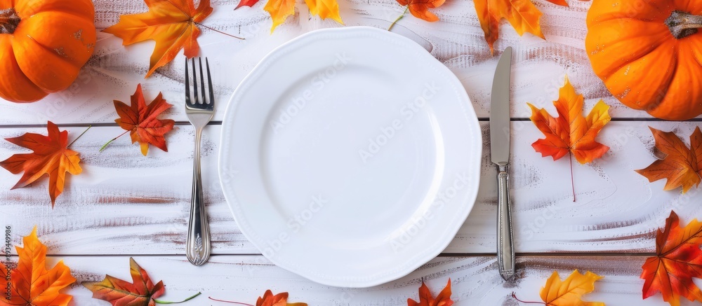 Aufkleber Autumn themed dinner table setting with pumpkins maple leaves plate knife and fork arranged for Thanksgiving Beautiful flat lay composition with copy space image