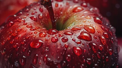 Close-up shot of a red apple with tiny water droplets, showcasing the smooth skin.