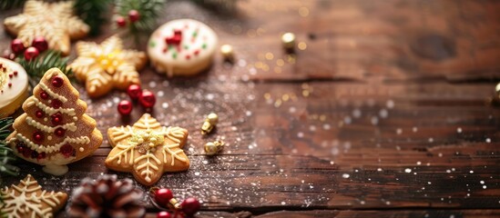 Fototapeta premium Selective focus enhances Christmas tree cakes on a wooden Christmas background creating a festive copy space image