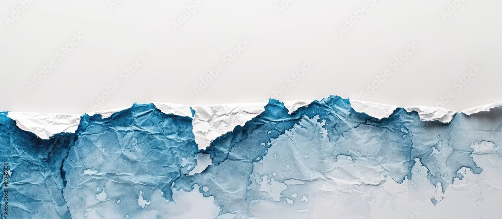 Poster white and blue rice paper with torn edges on white background with copy space image