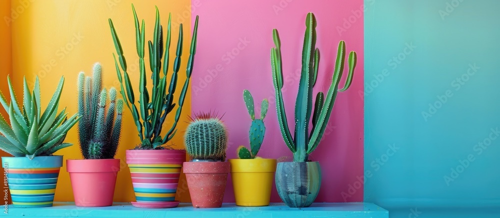 Poster Various potted cacti displayed on a table with a colorful backdrop offering a copy space image for interior decoration