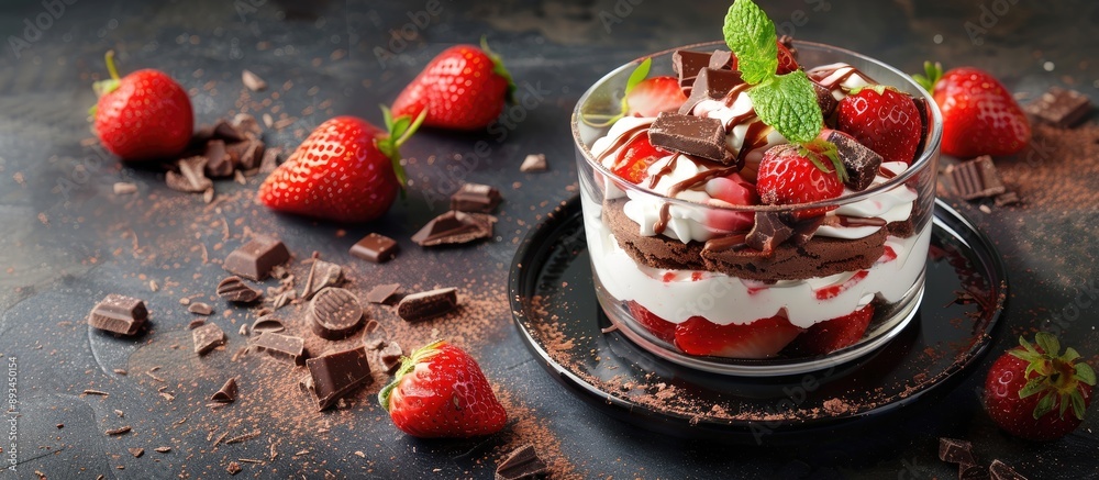 Fototapete dark background with space for text featuring a dessert of strawberries chocolate biscuit and cream.