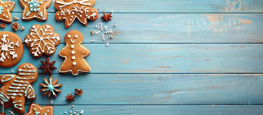 Poster light blue wooden planks backdrop featuring ginger cookies with ample copy space image
