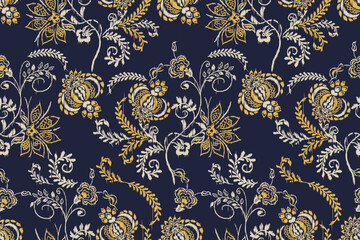 Ikat floral paisley embroidery seamless pattern on background. Ikat ethnic flower oriental pattern traditional. Aztec style abstract vector illustration. design for ikat floral fashion fabric,clothing