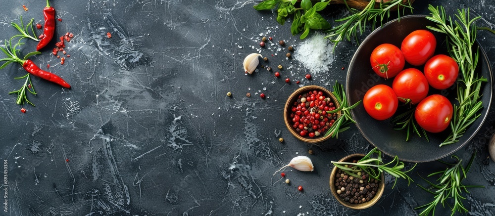 Poster Top down view of a tray featuring fresh vegetables aromatic spices and rosemary on a cooking themed copy space image