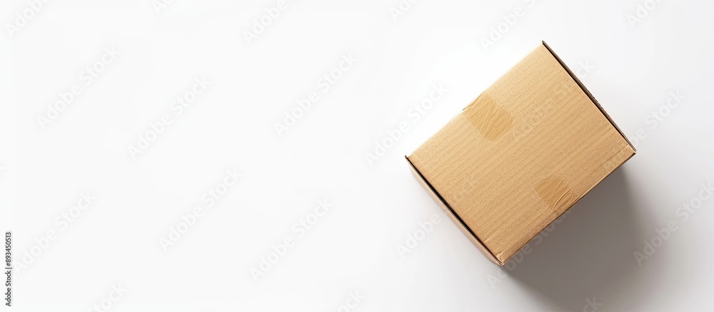 Poster Carton box parcel with a blank cap seen from a perspective angle on a white background suitable for copy space image