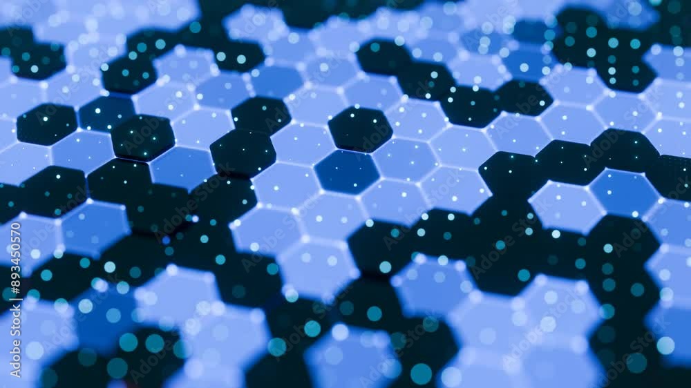 Fototapete abstract blue hexagonal pattern with glowing dots and geometric design