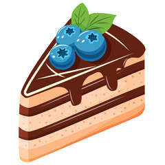 A slice of chocolate cake with blueberries and green leaves on top. The cake is cut into a triangle and has a chocolate glaze