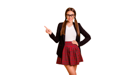 Portrait cute nice lady youth advise ads feedback suggest choice decision look direct eyewear eyeglasses specs pullover white plaid tail trendy stylish blazer jacket isolated yellow background