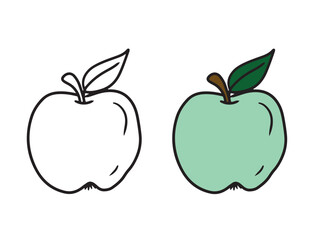 Simple apple drawing with leaf isolated on white background. HAnd drawn vector sketch illustration in doodle engraved vintage line art style. Lunch, tasty fruit, coloring book concept