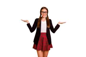 Portrait charming lady youth hold hand have sales ads advice choose decide suggest pick eyewear eyeglasses white pullover sweater trendy stylish plaid black jacket blazer isolated colorful background