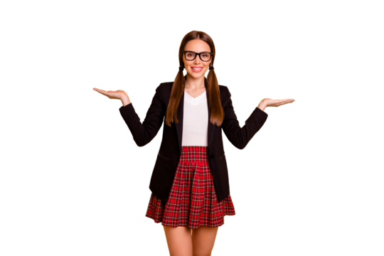 Portrait charming lady youth hold hand have sales ads advice choose decide suggest pick eyewear eyeglasses white pullover sweater trendy stylish plaid black jacket blazer isolated colorful background