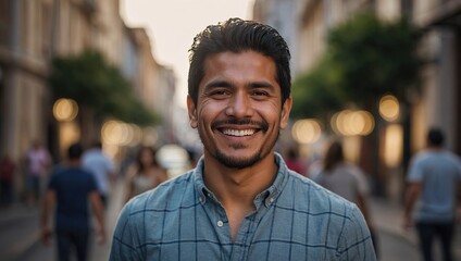 Hispanic man smiling at camera standing outside in street. South American person portrait smile