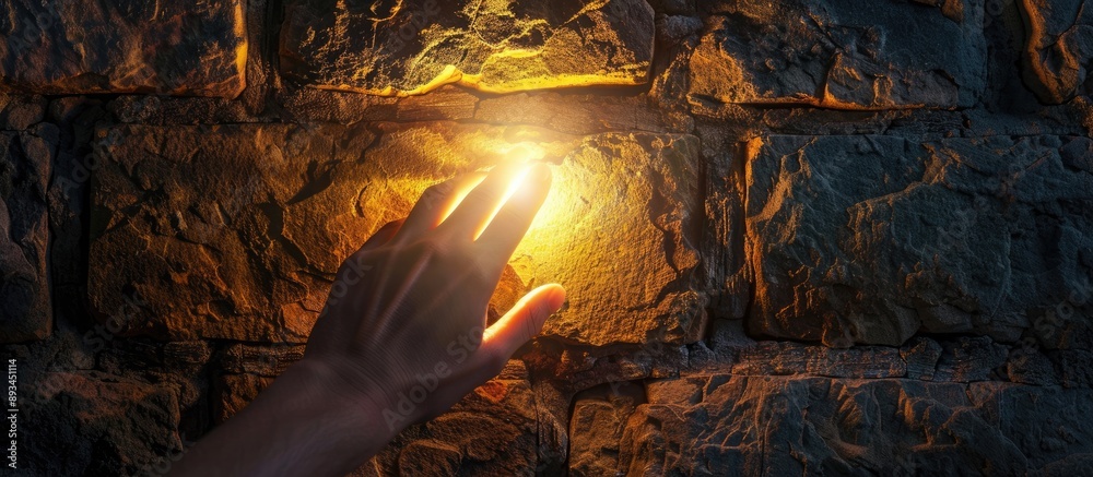 Poster Hand switching on off a light against a stone wall with copy space image available