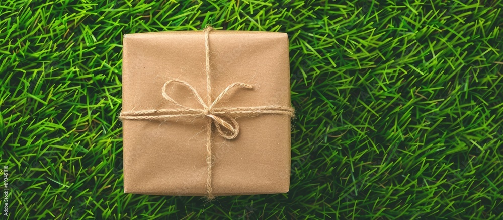 Poster top view of a gift box on lush green grass background suitable for christmas and new year with copy 