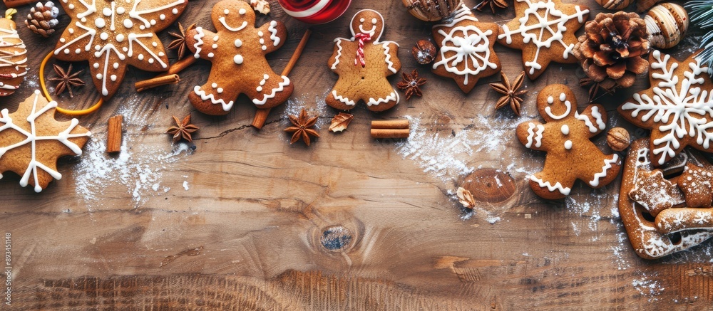 Poster close up of various decorated gingerbread cookies on a wooden surface set against a festive christma
