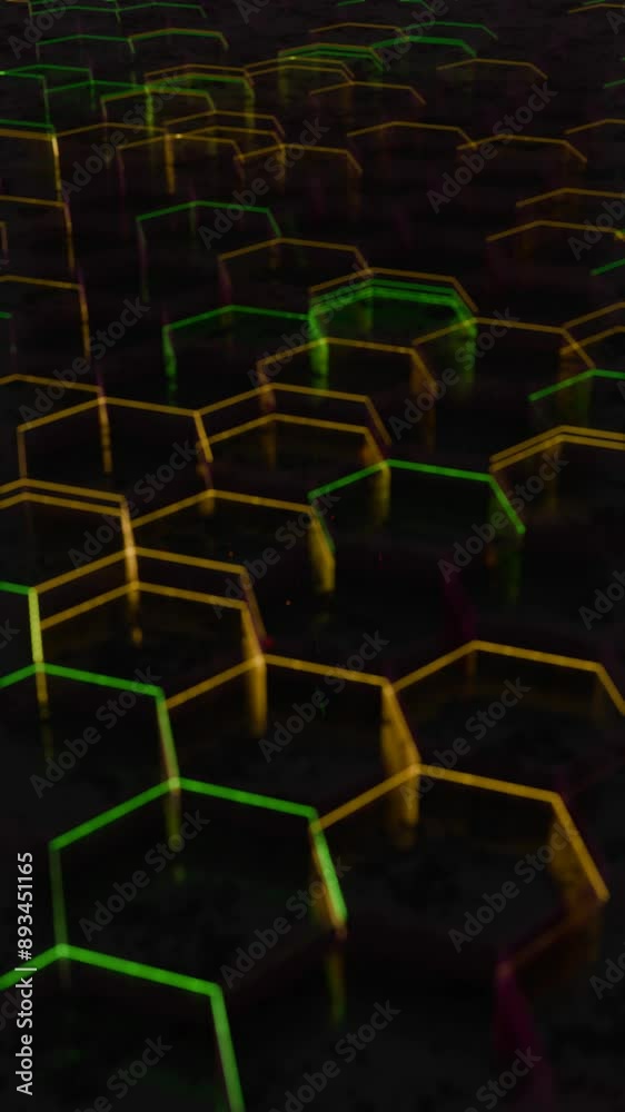 Poster illuminated hexagonal pattern with neon green and yellow lights