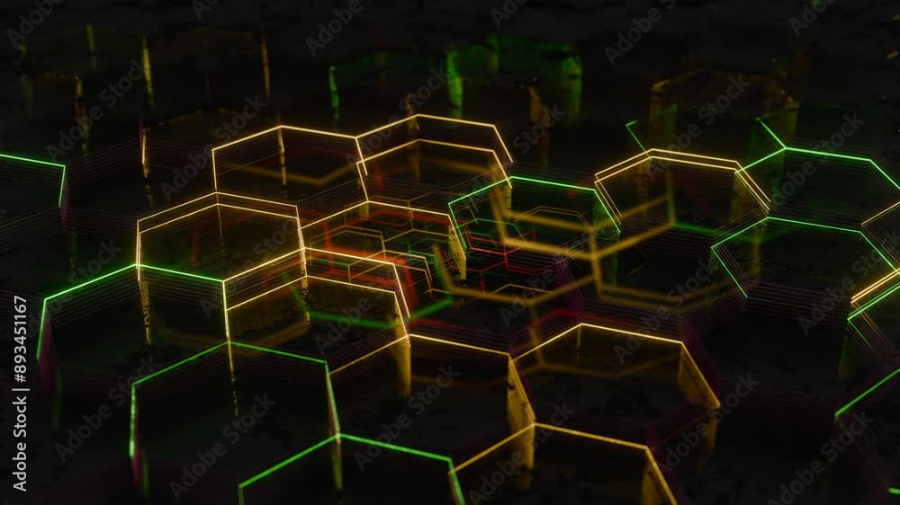 Poster Illuminated Hexagonal Pattern with Neon Green and Yellow Lights

