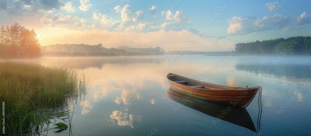 Poster a serene lake with a small boat against a backdrop of a tranquil morning in summer perfect for a cop