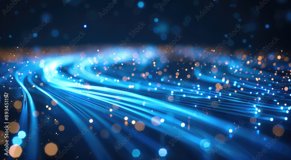 Leinwandbilder Abstract blue glowing lines on a dark background, data transfer and internet technology concept with fiber optic cables or wires moving fast in a motion blur. Generative AI.