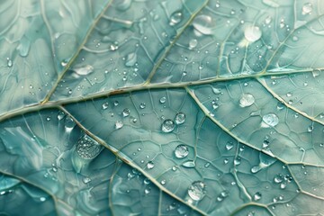 Fototapeta premium Close-up of dew-covered leaf with visible veins