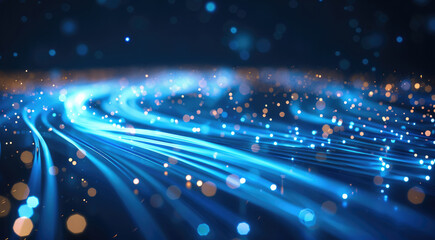 Abstract blue glowing lines on a dark background, data transfer and internet technology concept with fiber optic cables or wires moving fast in a motion blur. Generative AI.