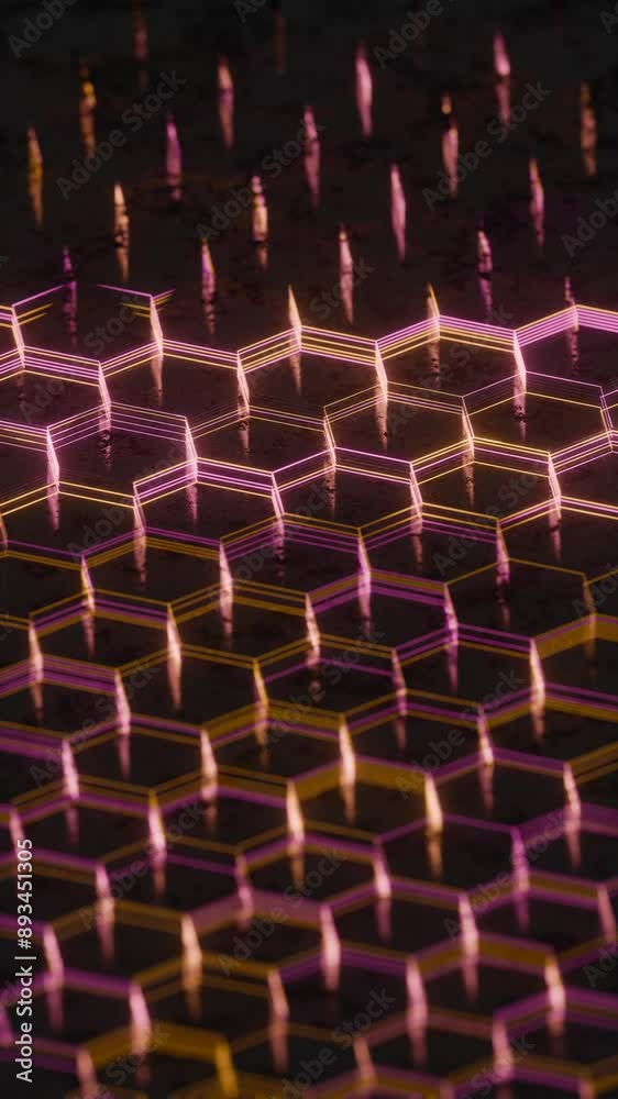 Poster illuminated hexagonal pattern with neon pink and yellow lights