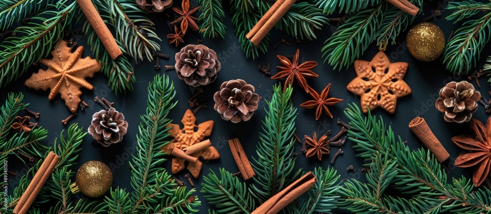 Poster top view of a christmas themed arrangement featuring fir branches pine cones cookies cinnamon sticks