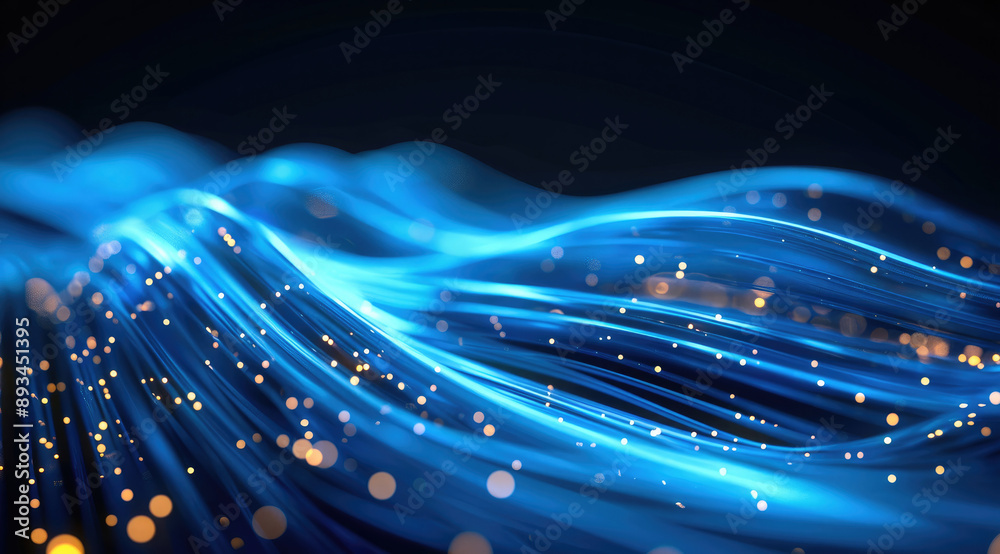 Aufkleber Abstract blue glowing lines on a dark background, data transfer and internet technology concept with fiber optic cables or wires moving fast in a motion blur. Generative AI.