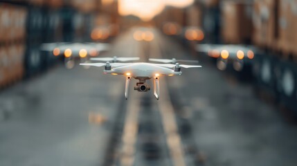 A series of drones are flying in a formation outdoors, captured in the foreground with train tracks beneath them, symbolizing innovation and modern technology in transportation.