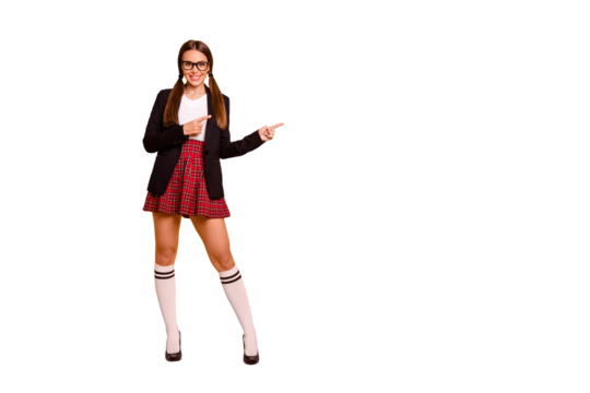 Full length body size view photo cute lady ad advertise choice decision promo eyewear eyeglasses red skirt long checked plaid tail white pullover sweater black jacket blazer isolated yellow background