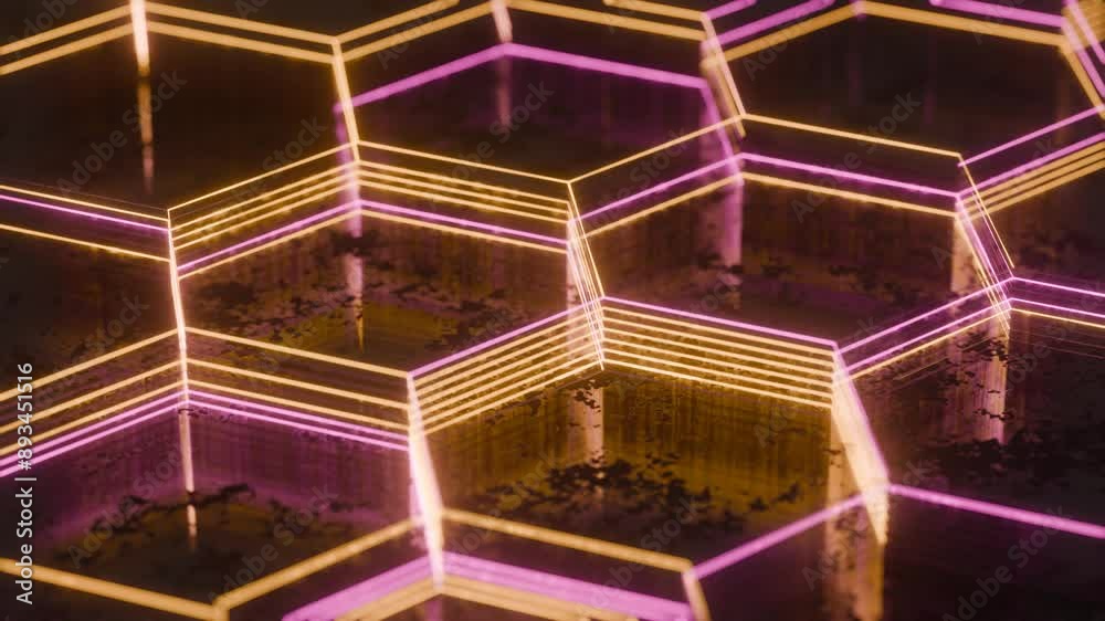 Poster illuminated hexagonal pattern with neon pink and yellow lights