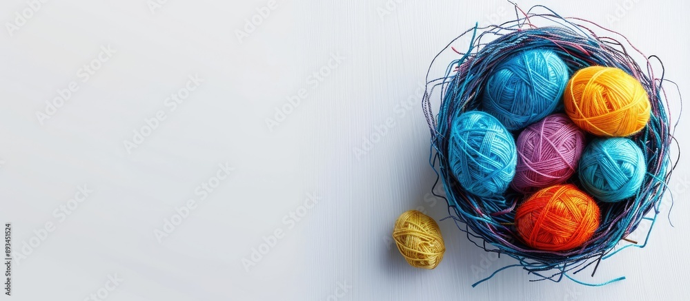 Poster a nest easter decoration featuring yarn balls on a white background with room for a copy space image