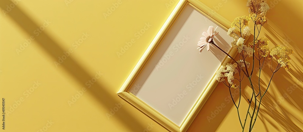 Poster Flat lay mockup featuring a photo frame and a flower with space for a picture. with copy space image. Place for adding text or design