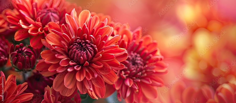 Poster Close up view of a vibrant bouquet featuring red autumn chrysanthemums displayed with ample copy space for text or images