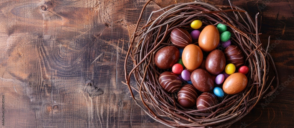 Poster closeup view of delicious chocolate eggs with candies in a decorative nest perfect for a copy space 