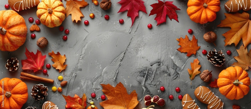 Poster a halloween themed setting with gingerbread cookies pumpkins candies and fall leaves on a gray concr