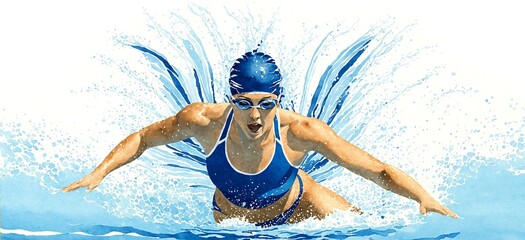 Dynamic illustration of a professional swimmer in action, competition, sports games, summer olympic games. Vibrant color. Woman. Illustration. 3