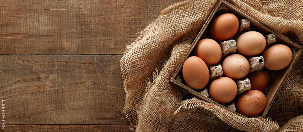 Leinwandbilder overhead view of chicken eggs in a wooden box on rustic fabric ideal for an easter themed image with