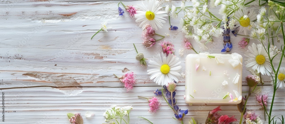 Poster white wooden table with a bar of soap adorned with herbal flowers creating a serene atmosphere with 