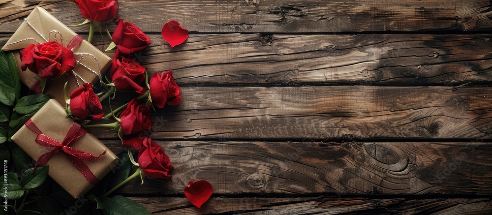 Poster valentine s day themed greeting card featuring red roses a gift box and a wooden table designed with